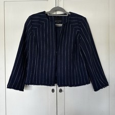 Banana Republic Boucle Textured Open Front Jacket Size 10 Navy White Fringe