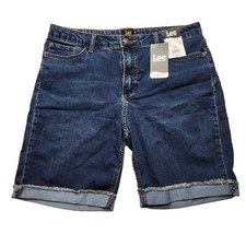 LEE Women's Bermuda Shorts Mid-Rise stormy lines Denim Size 18M Blue 5-Pockets