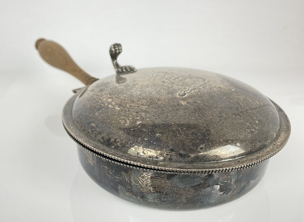 Vintage Silver Plate Pan/Hinged Lid w/Horse Crown~Wood Handle