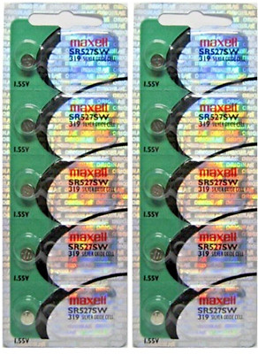 Ten (10) Maxell 319 SR527SW Silver Oxide Watch Batteries Free Ship EXP 06/2030