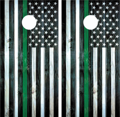 American Flag Thin Green Line Distressed Wood Cornhole Board Decals Wraps