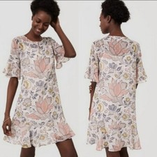 LOFT Ruffle Floral Flounce Shift Dress Pastel Gold Size XXSP