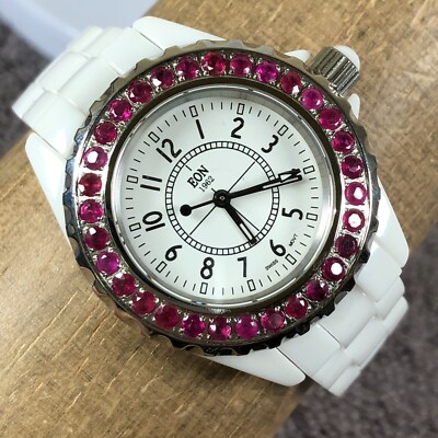 1962 EON Women 763 White Ceramic Dress Pink Diamond Bezel 34mm Quartz Watch 7''