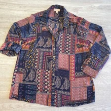 Cb Womens Button Front Shirt Multicolor Black Paisley Long Sleeve Collar M