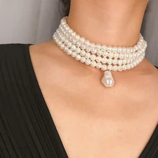 White Shell Pearl Women's Multilayer Choker Collar Baroque Pendant Necklace 16''