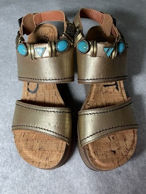 OTBT Women s Wedge Heel Gold Leather and Blue Beading Layover Sandals, Size 8M
