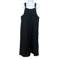 Vintage Mishi Bib Style Dress Sz L Black Heavyweight Linen Oversized Lagenlook