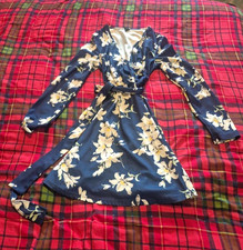 SHEIN Blue/White Floral Wrap Dress V-Neck Long Sleeve Tie Belted Short M/L