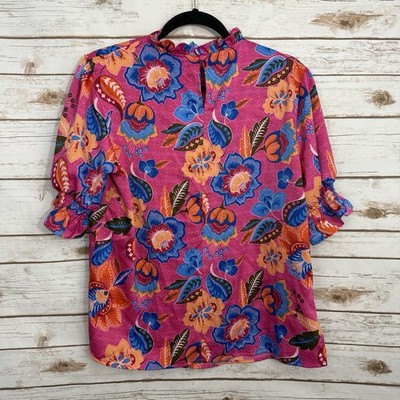 Ali Miles Pink Floral Paisley Ruffle Short Sleeve Blouse Lagenlook Artsy