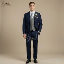 Mens Navy 3 Piece Suit Wedding Groom Formal Slim Fit Prom Party Suit Outfit