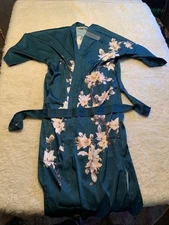 Womens Dark Teal Satin Robe Flowers By Babeyond