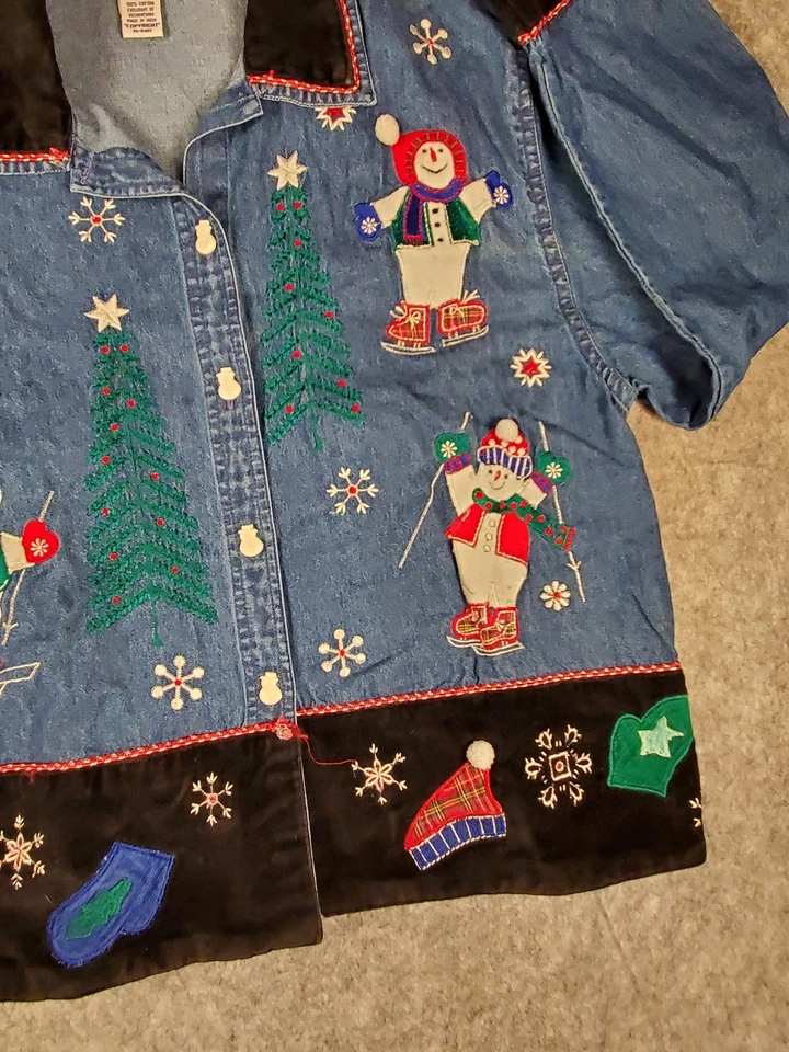 Camisa de Navidad Tattersall Mujer Grande Muñeco de Nieve Botón Borde Terciopelo Años 80-Leer Foto 3 de 4