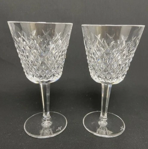 Set of 2 Waterford Crystal 6" Alana Pattern Cut Cross Hatch Claret Wine Goblets