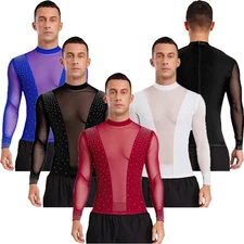 Mens T-shirt Mesh Top Stage Blouse Patchwork Latin Shirt Sheer Rhinestone Dance