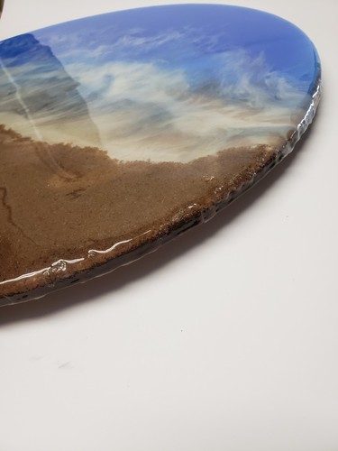 Resin Handmade Handcrafted Side End Table Blue Ocean Waves Circle Nightstand Art - Picture 5 of 6