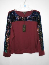NWT DG2 DIANE GILMAN BURGUNDY W/SEQUIN VELOUR LONG DOLMAN SLEEVE TOP SZ M #B473