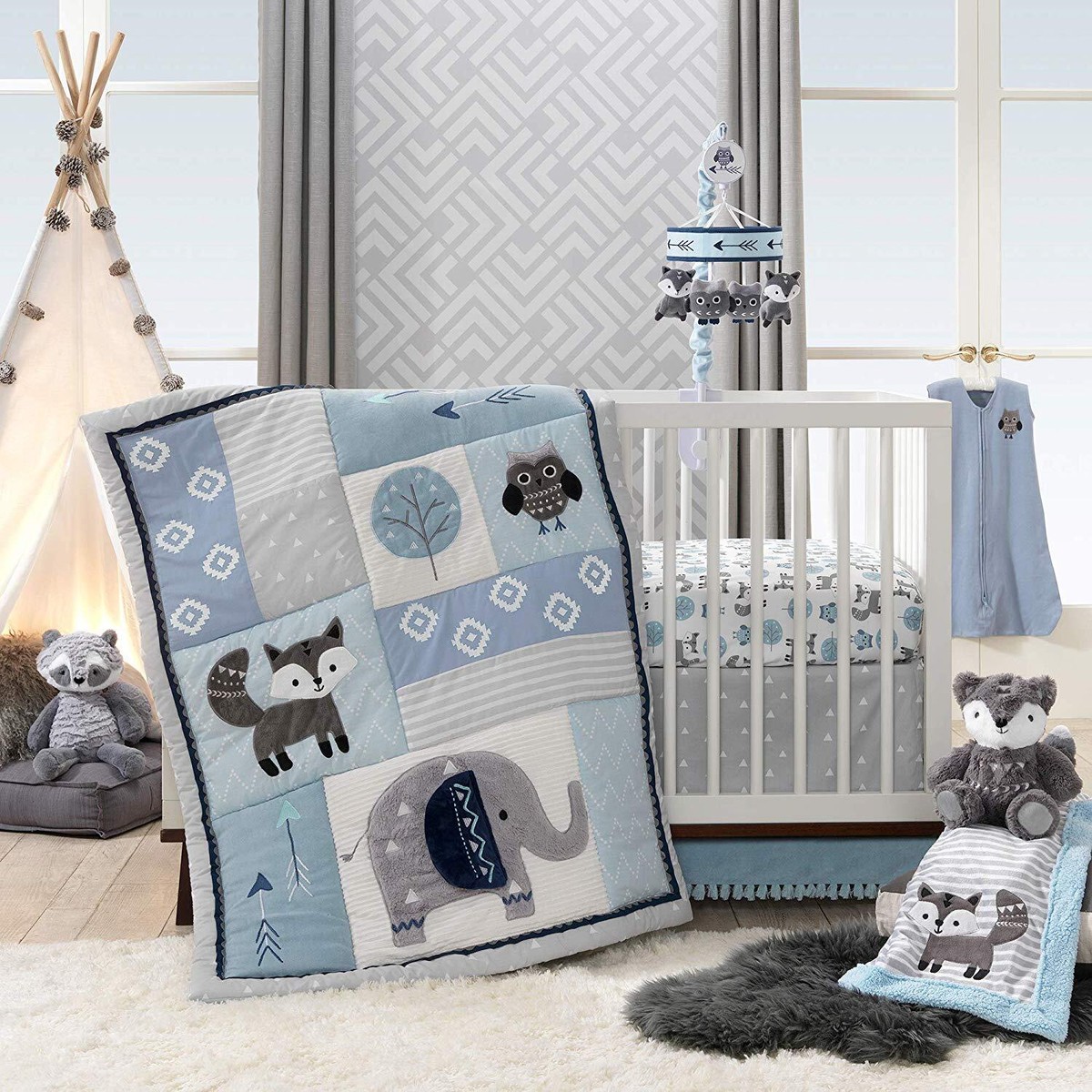 Lambs Ivy Stay Wild Animal Arrow Piece Crib Bedding Set, Gray/Blue