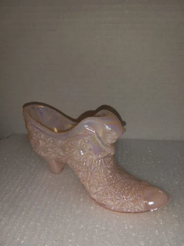 Vintage Fenton  Iridescent Pink Cat Head Glass Slipper Shoe Daisy Button Pattern