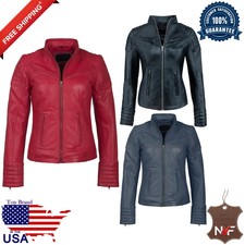 New Women Cafe Racer Moto Biker Distressed Black Red Vintage Real Leather Jacket
