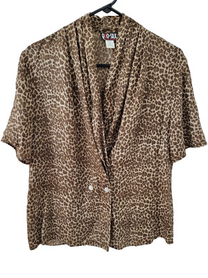 Vintage Quo-Silk 100% Silk Animal Print Brown Short Sleeve Blouse Womens Medium