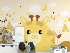 3D Giraffe Moon Star Kids Yellow Self-adhesive Removeable Wallpaper Wall Mural