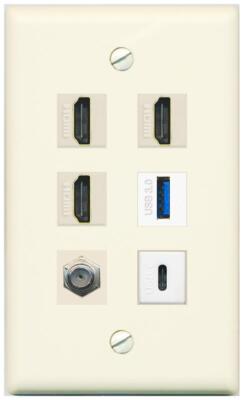 RiteAV 3 HD USB3 USBC Coax Wall Plate - Flat [Light-Almond]