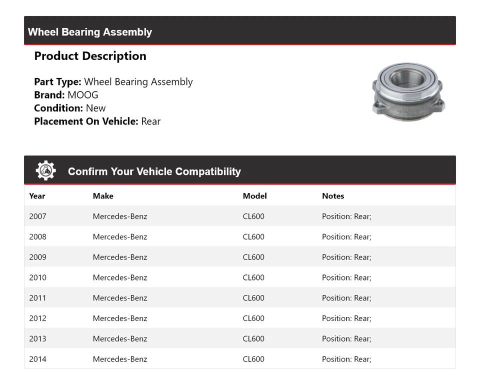 Conjunto de cojinete de rueda trasero MOOG 2007-2014 Mercedes-Benz CL600 Foto 2 de 4