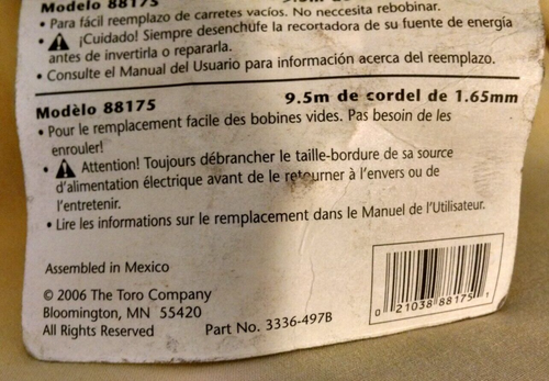 TORO REPLACEMENT SPOOL 88175 NEW ELECTRIC CORDLESS 30' .065" LINE 3336-497B 2006 - Picture 10 of 10