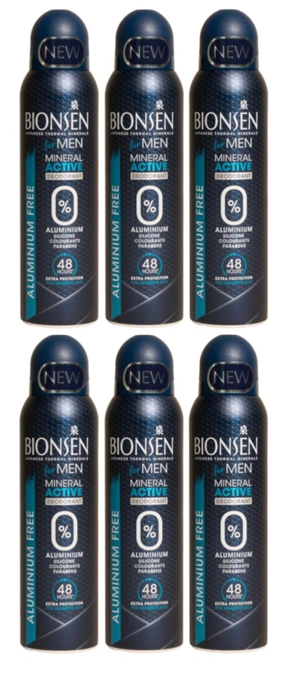 6x Bionsen for Men MINERAL ACTIVE Deodorant Spray, 0% Aluminium 150ml