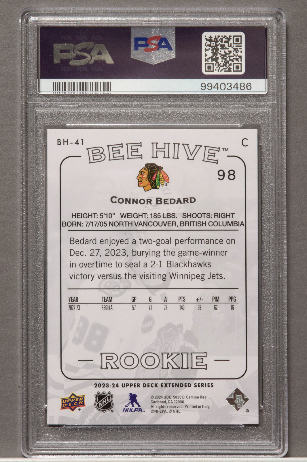 2023 Upper Deck #BH41 Connor Bedard 2003-04 Beehive PSA 10 RC Rookie view 2