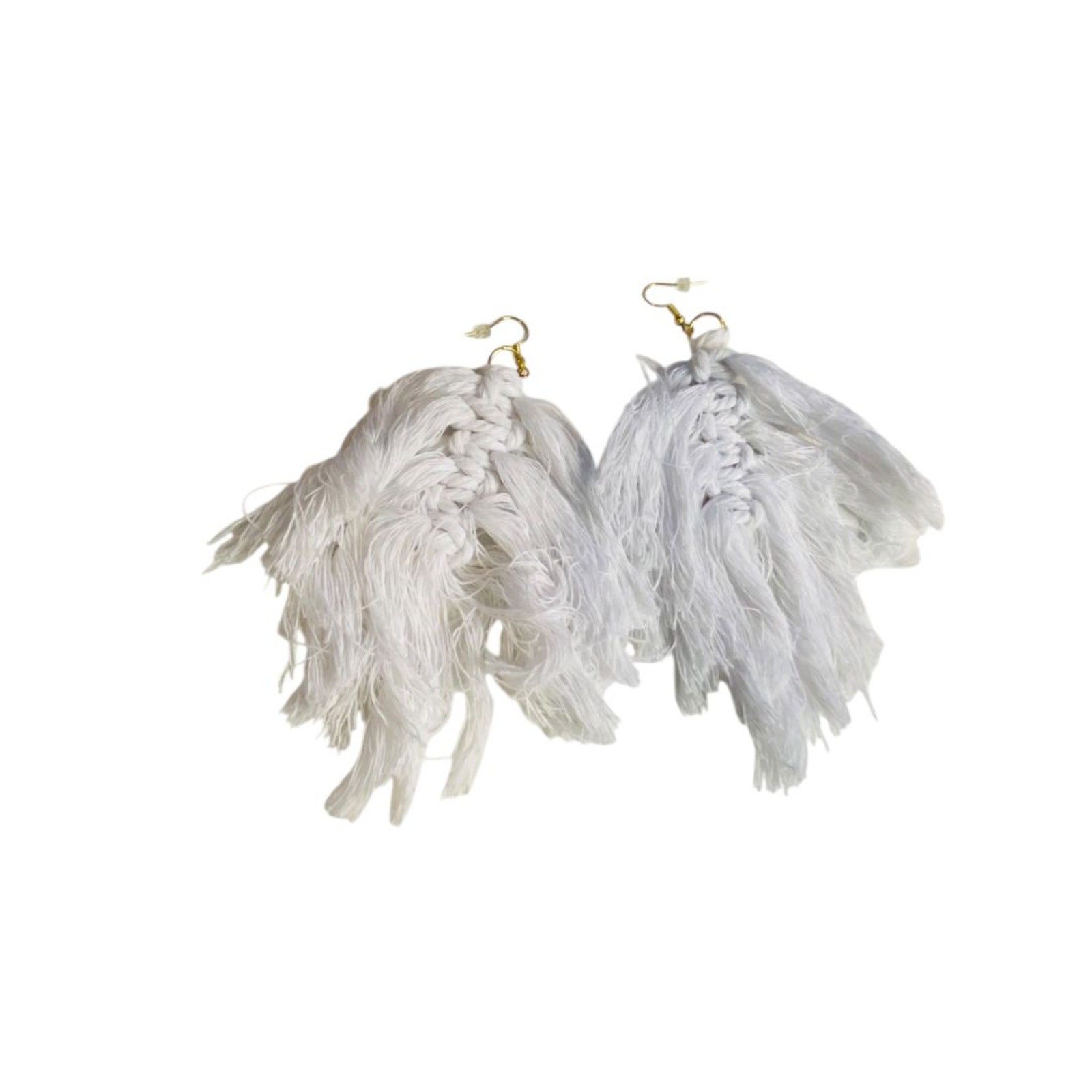 White Statement Fishhook Pierced Earrings Macrame… - image 2