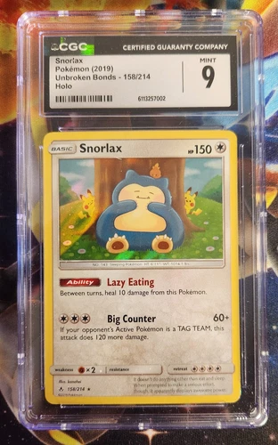 CGC 9 MINT Snorlax 158/214 Holo Rare Sun & Moon Unbroken Bonds 2019 Pokemon