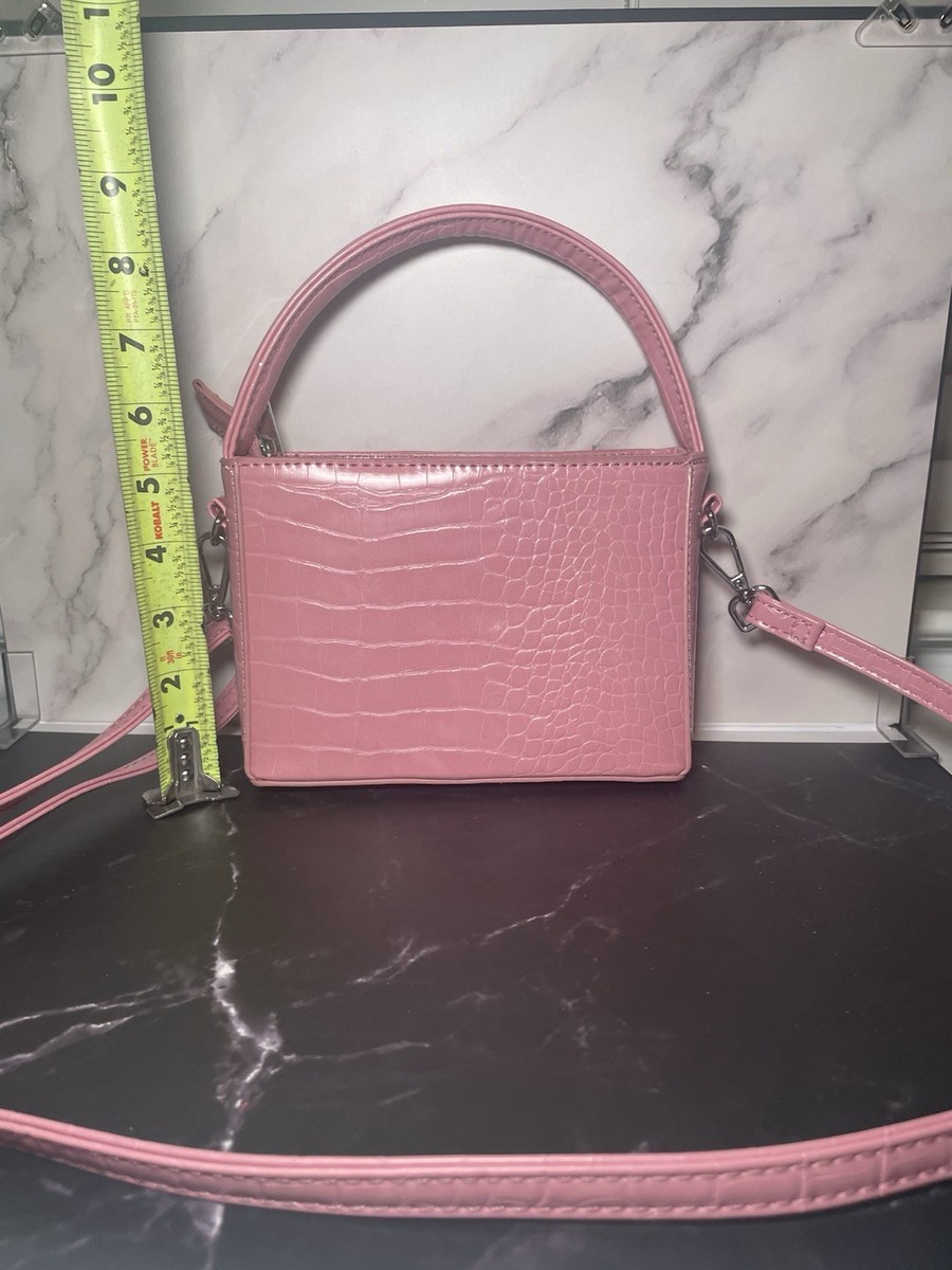 ASOS DESIGN boxy bag with top handle with detachable strap in pink croc View 3