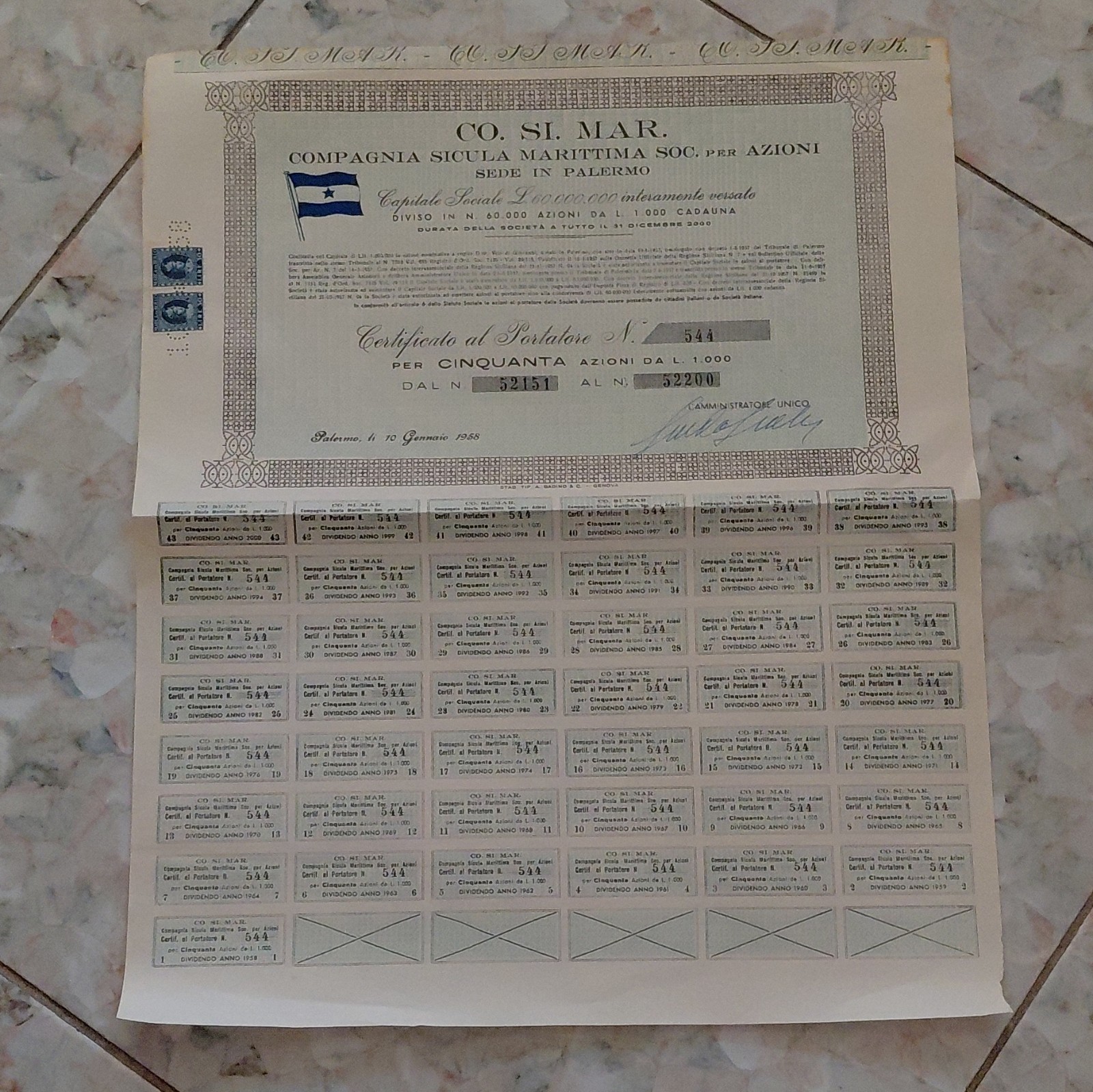 CO.SI.MAR Compagnia Sicula Marittima Palermo Certificato al Portatore 1958