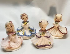 Four Vintage Porcelain/Ceramic Southern  Bell  Spaghetti Trim Figures 4" Unmarkd