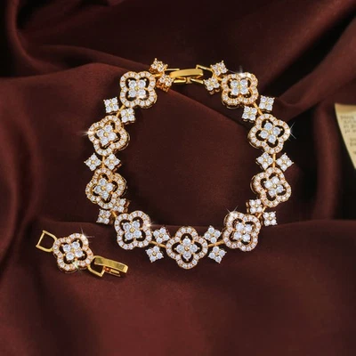 Exquisite Gold Plated Flower Cubic Zirconia Wedding Tennis Bracelet Jewelry Gift - Image 1 of 4