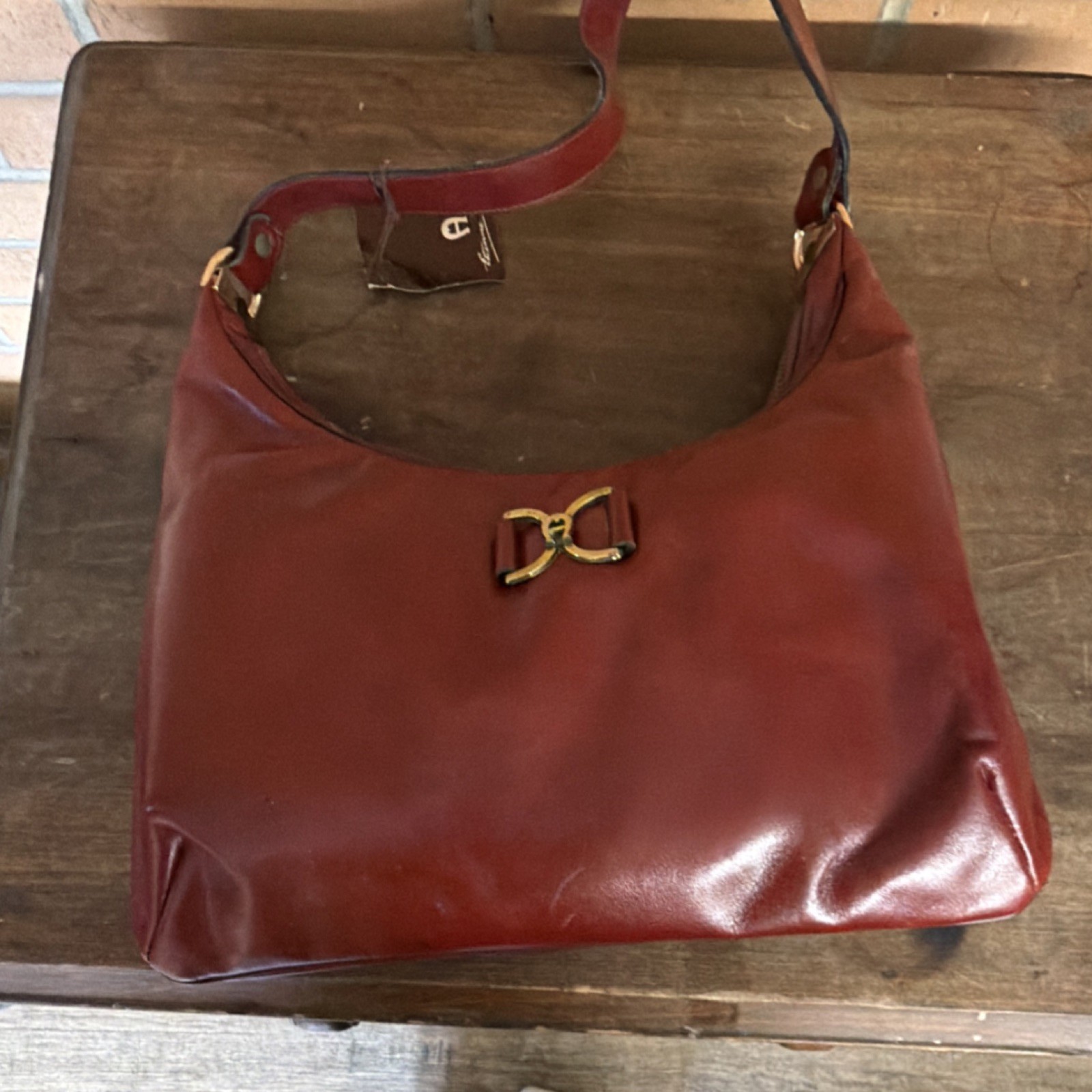 Etienne Aigner Brown Shoulder Bag with Bow, Logo, Zip Closure & Gold Hardware