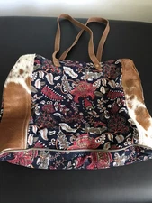 Myra Bag Canvas Black Botanical Print Cowhide Hair On Leather Trim -Lg Tote