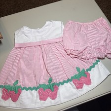 Samara Baby Girl Vintage Pink Plaid Strawberry Searsucker Dress Bloomers Size 2T