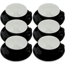 6er Set Cappuccino-Tasse mit Untertasse aus dickem Porzellan 0,2L Schwarz / Weiß