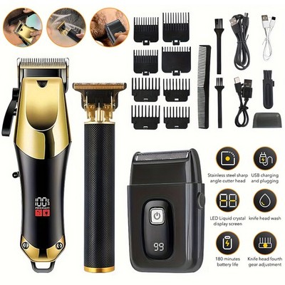 Men Hair Clipper T-Blade Trimmer Hair Shaver Set USB Rechargeable Electric Razor