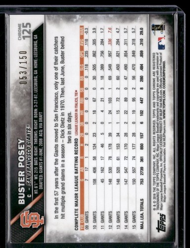 2016 Topps Chrome - Blue Refractor #/150 #125 Buster Posey Giants SP - Picture 2 of 2