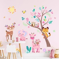 Jungle Animals Tree Wall Decals Pink Elephant Giraffe Wall Stickers for Kids ...