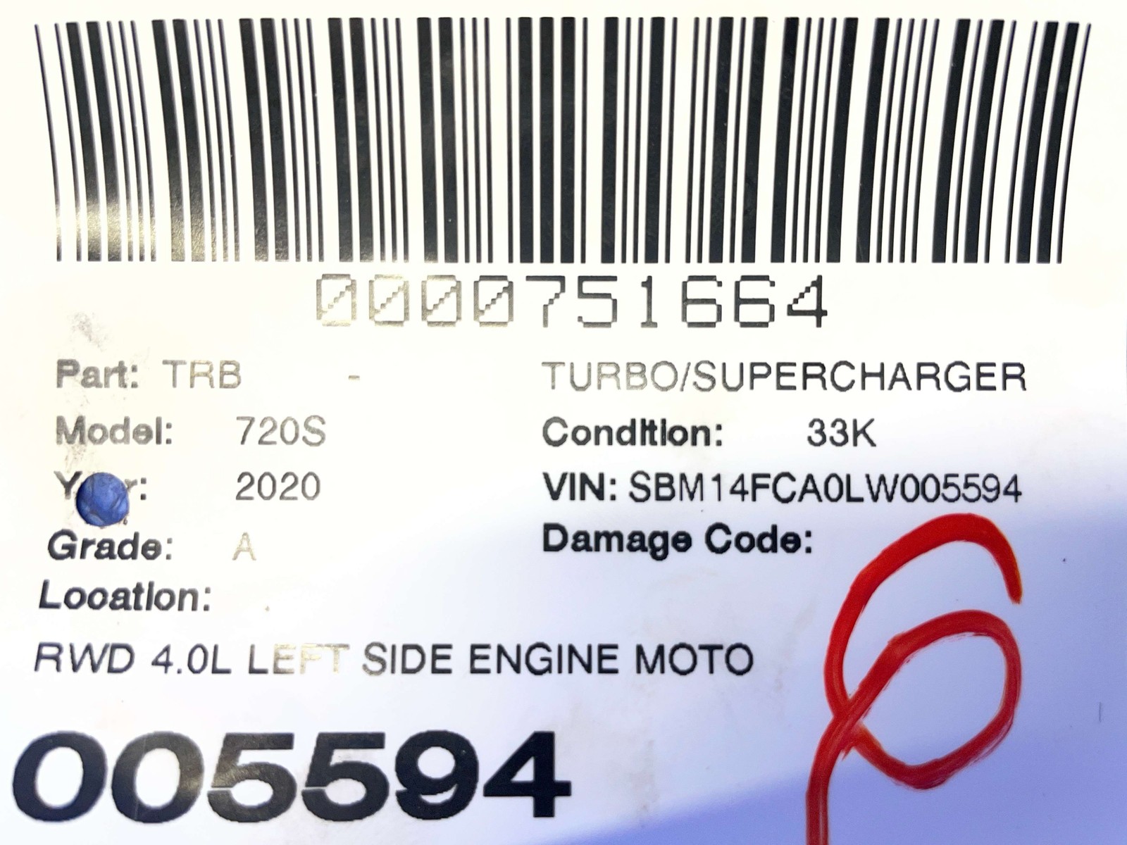 2018-2023 MCLAREN 720S M840T RWD 4.0L LEFT ENGINE TURBOCHARGER ASSY 14FA184CP