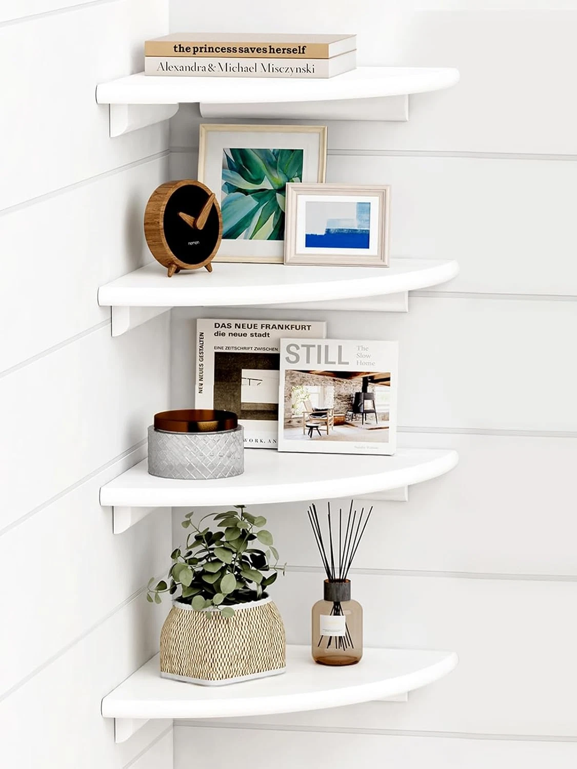 Forbena White Corner Floating Shelves for Wall Set of 4, Rounded Corner Shelves