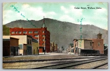 Cedar Street Wallace Idaho ID Railroad Tracks c1910 Postcard