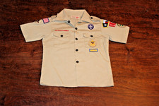 Boy Scouts of America BSA Youth Shirt Tan Medium 10-12 Sewn Patches