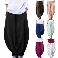 Womens Cotton Linen Loose Harem Pants Casual Drawstring Beach Yoga Baggy Trouser