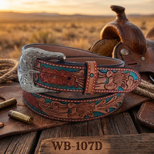 Ranger Belt Co WB107D Western Floral Leather Belt Size 40 Turquoise Tooled Rodeo