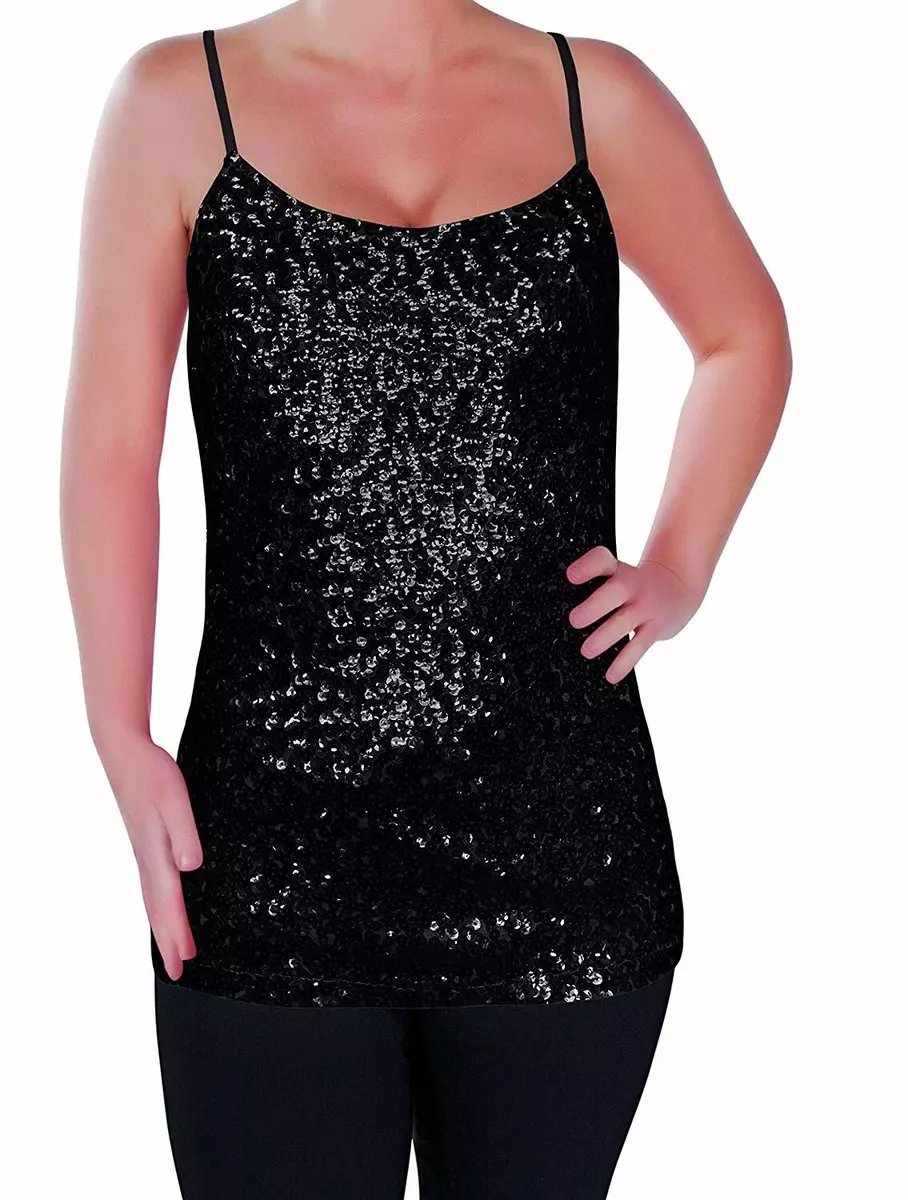 Womens Sparkly Sequin Strappy Vest Top Cami Sequined Sleeveless Camisole Glitter